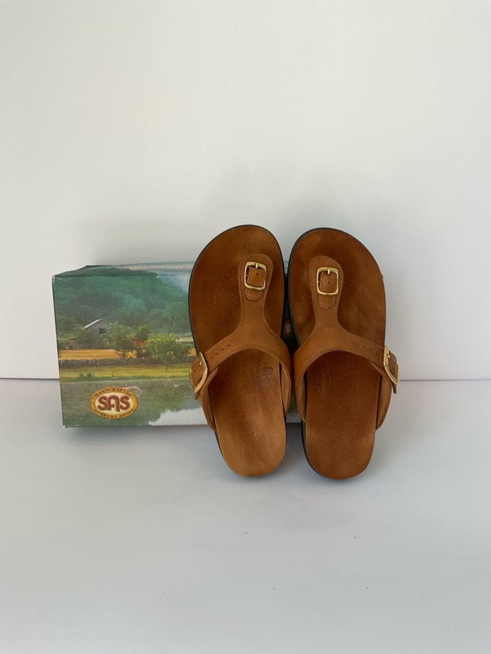 SAS Sanibel Brown T-Strap Leather Thong Sandals with Gold Buckles